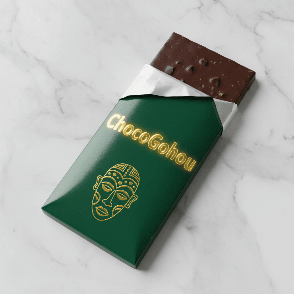 Tablette signature ChocoGohou, écrin émeraude au masque akan doré