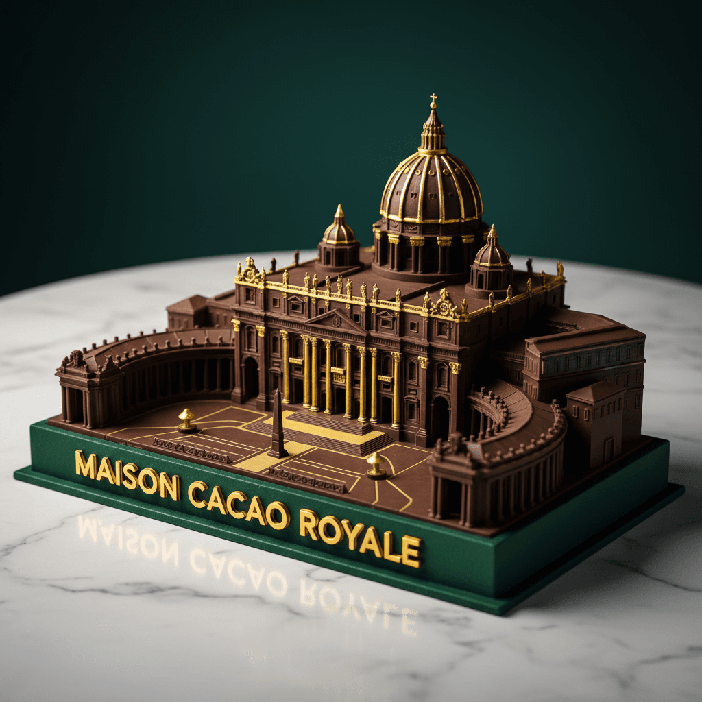 Sculpture en chocolat de la Basilique Saint-Pierre sur socle émeraude Maison Cacao Royale